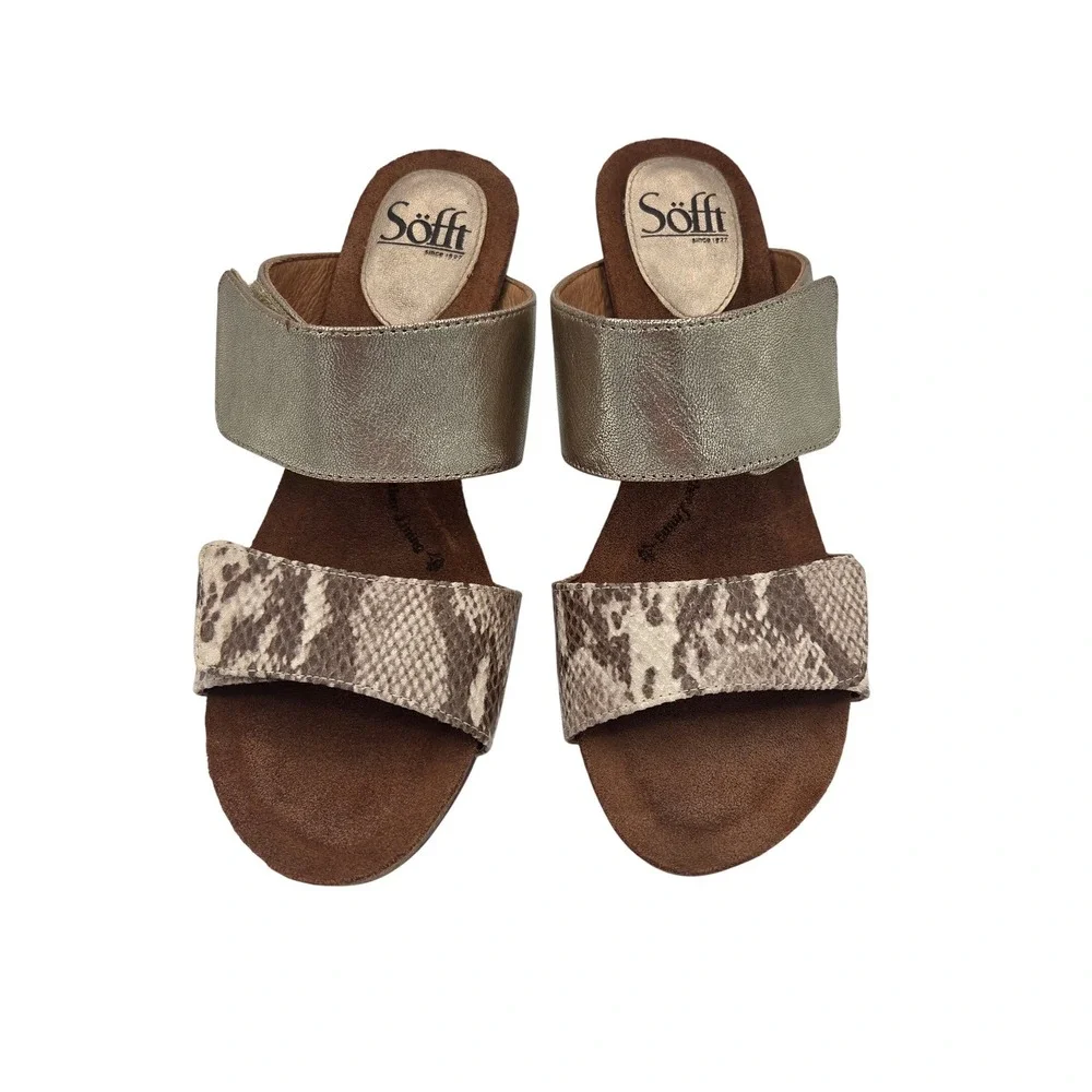Sofft Womens Metallic Gold Snakeskin Print Leather Wedge Sandals Size 8M